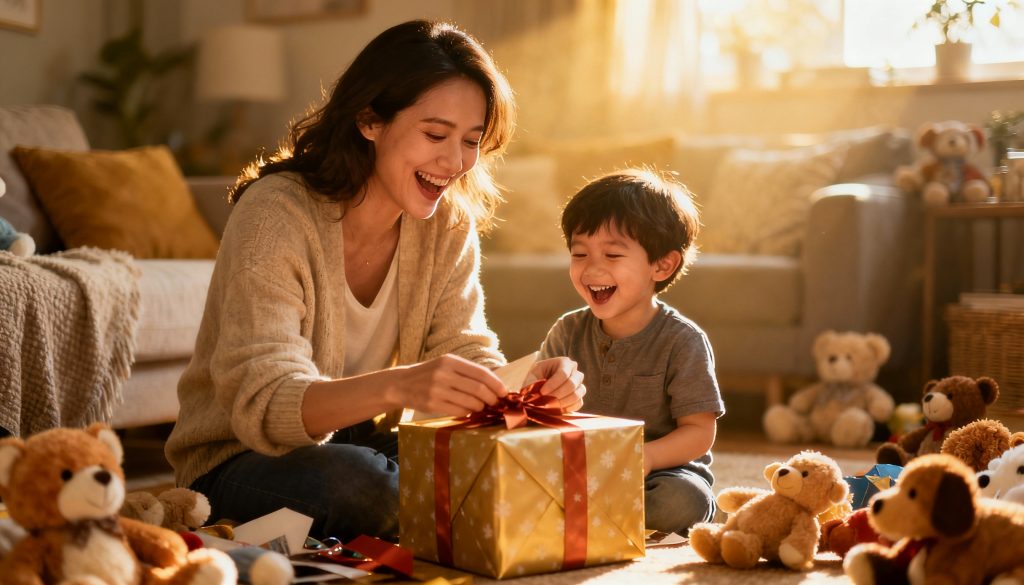 Top 10 Best Toys for 3 Year Olds: Ultimate Play Guide mother happily opening her gift to her 3 year old boy/toddler