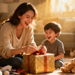 mother happily opening her gift to her 3 year old boy/toddler