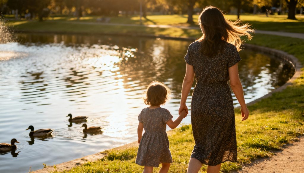 mom and kid walking in the park