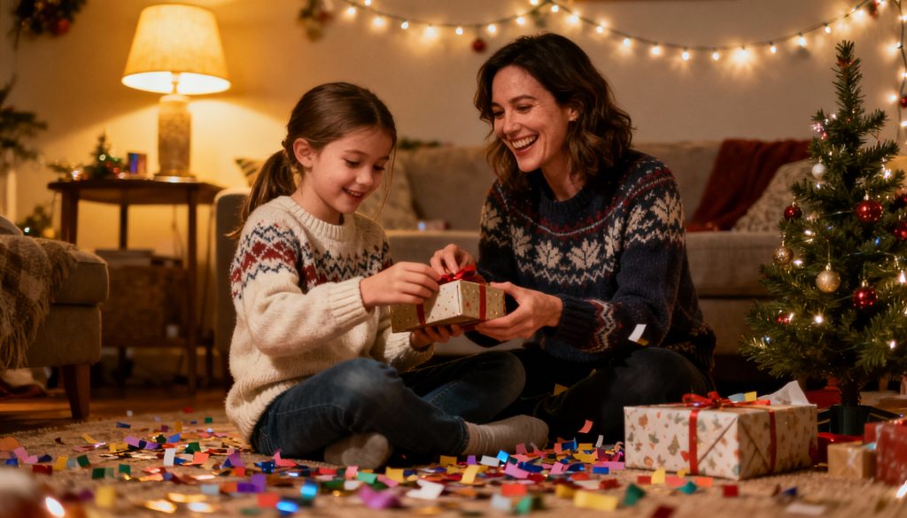 mom happily opening her presents to her 9 year old daughter