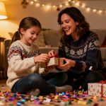 mom happily opening her presents to her 9 year old daughter